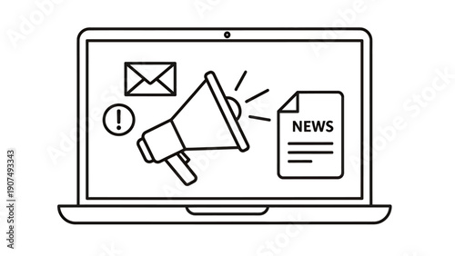 Laptop screen with megaphone and news icon symbolizing online announcements and digital communication.