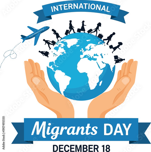 International migrants day globe human migration airplane hands global travel december 18 celebration vector