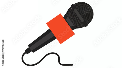 Illustration of a handheld microphone with cord and red collar on white background.