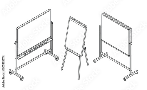 Outline drawings of various whiteboards and flip charts for office or education, detailed sketch style on transparent background.