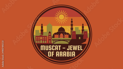 Muscat Jewel of Arabia City Skyline Sunset Travel Stamp Vintage Emblem