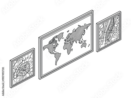 Three rectangular picture frames showing global continents and detailed urban map textures on wall