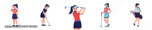 Golf Illustration Female Player Poses Sporty Lifestyle Character Set