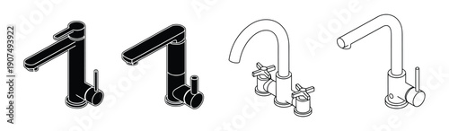 Kitchen and bathroom faucet icons in isometric line art style