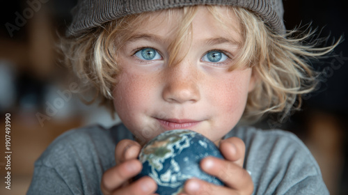 Cute kid close up holding planet