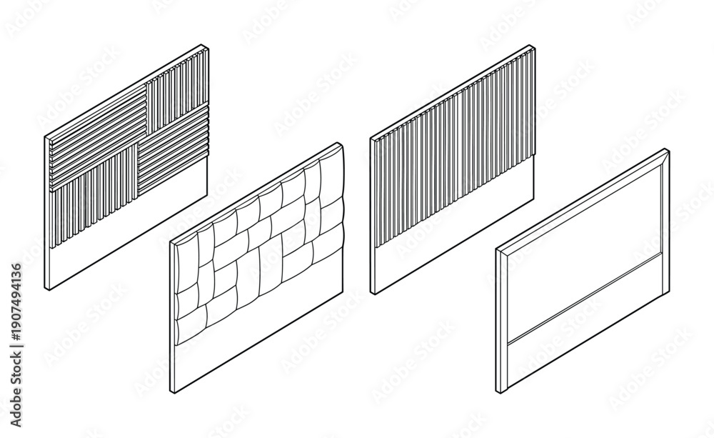 Naklejka premium Set of contemporary wall decorations featuring vertical slats and quilted padding for bedroom design
