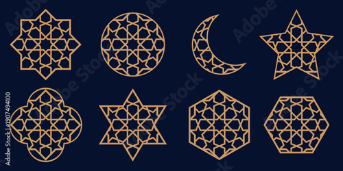 A collection of elegant gold Islamic geometric patterns, stars, and crescent shapes arranged on a dark blue background