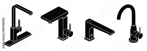 Modern sink tap collection with isometric black silhouette design