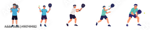 Padel Vector Athlete Playing Match Action Racket Sport Character Set
