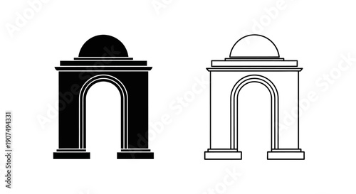 Vector illustration of a black silhouette and outline drawing of a classical triumphal arch with a domed roof, isolated on a white background.