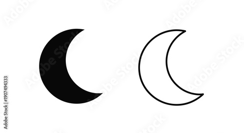 Minimalist vector icon set featuring a solid black crescent moon and a white outlined crescent moon, isolated on transparent background for UI design.