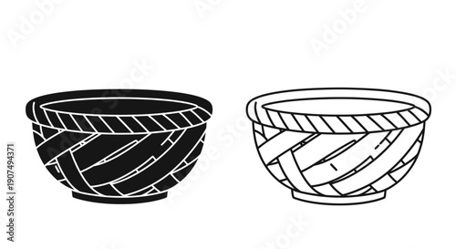 Vector icon of two woven baskets, one solid black and one outlined, featuring a braided rim and textured side panels, isolated on a transparent background.