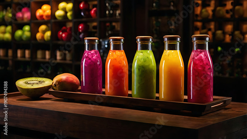 Rainbow of Freshness Vibrant Fruit Juice Bottles on Display