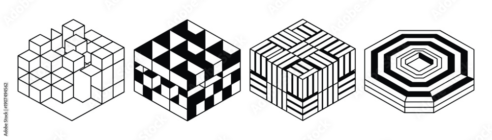 Fototapeta premium Set of four isometric cube and hexagonal patterns with various geometric and abstract designs