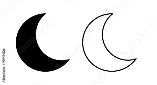 Minimalist vector crescent moon icon in solid black and outline white, isolated on transparent background, ideal for UI design or app interfaces.