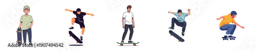 Skateboard Vector Skater Action Tricks Extreme Street Sport Character Pack