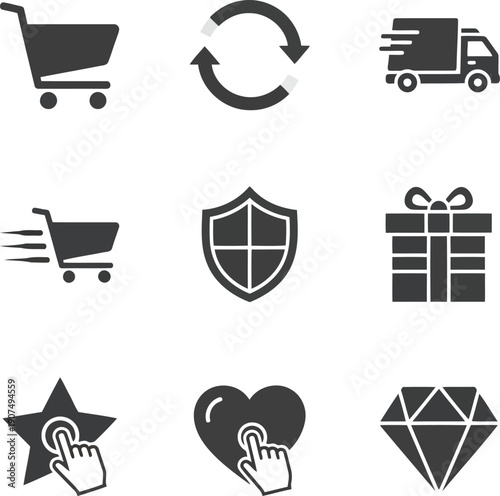Modern commerce icons set delivery shopping cart security gift star heart diamond icons for online business vector