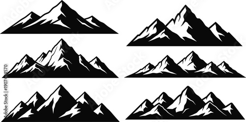 Mountain silhouettes collection isolated on white background snow peaks alpine landscape black vector illustration set nature outdoor graphic design