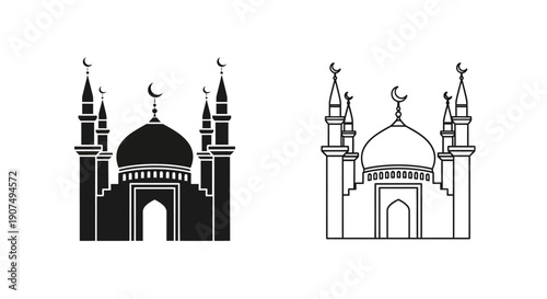 Black vector silhouette and outline illustration of a mosque with dome and minarets, featuring crescent moon symbols, isolated on a transparent background.