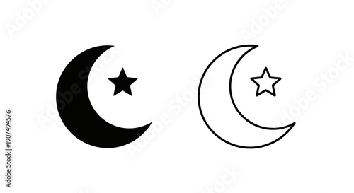 Vector black crescent moon and star icon set, solid and outline versions, isolated on transparent background for religious or night sky themes.