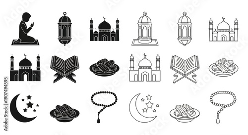 Vector icon set featuring black silhouettes and outline illustrations of Islamic religious elements like mosques, lanterns, dates, and prayer beads, isolated on transparent background.
