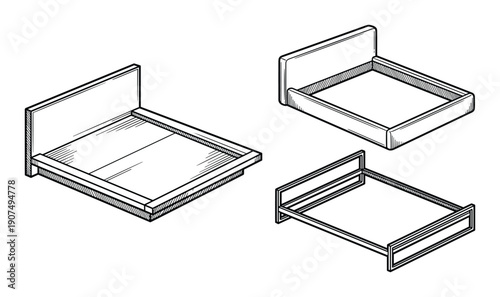 Collection of various bed frame styles, isometric perspective, sketch drawing.
