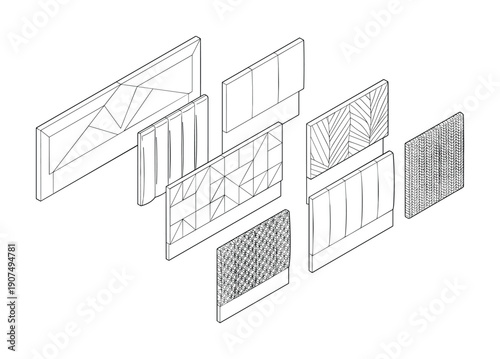 Various headboard designs, geometric patterns, textures, interior elements.
