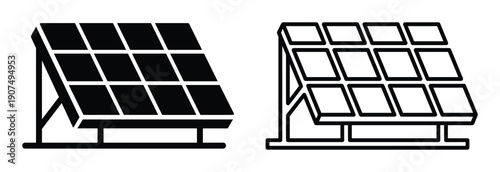 Solar panel icons set in flat and outline style for renewable energy and sustainable power generation