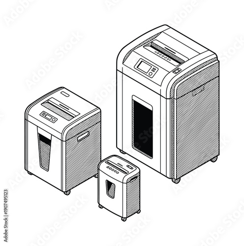 Office equipment, paper shredders, different sizes, document destruction, security.