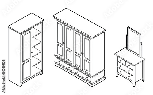 Large closet unit with drawers paired with open shelf library and mirror dressing table line art