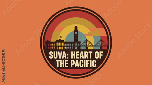 Suva Heart of the Pacific - A Vibrant Cityscape Illustration with a Retro Sunset