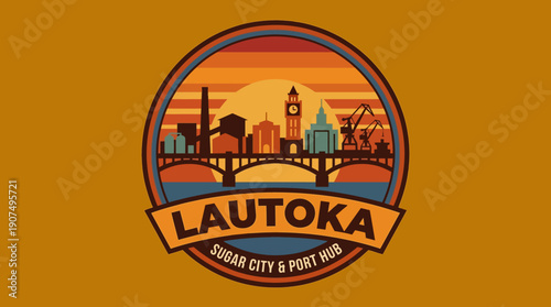 Lautoka Sugar City and Port Hub Emblem with Cityscape and Bridge