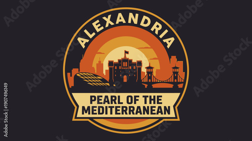 Alexandria Pearl of the Mediterranean City Skyline Vintage Travel Emblem