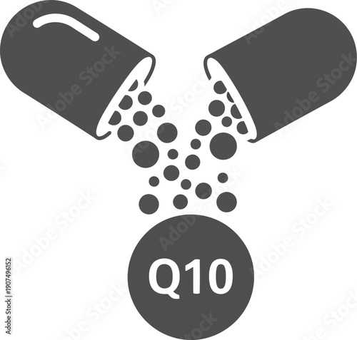 Coenzyme q10 supplement capsule spilling tiny particles and granules for energy and health vector