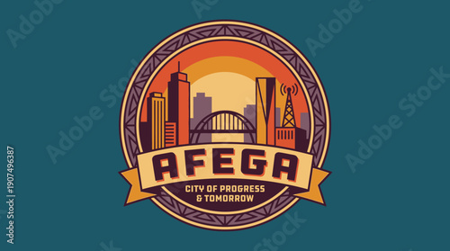 AFEGA City of Progress & Tomorrow Emblem with Skyline and Sunset Graphic Design