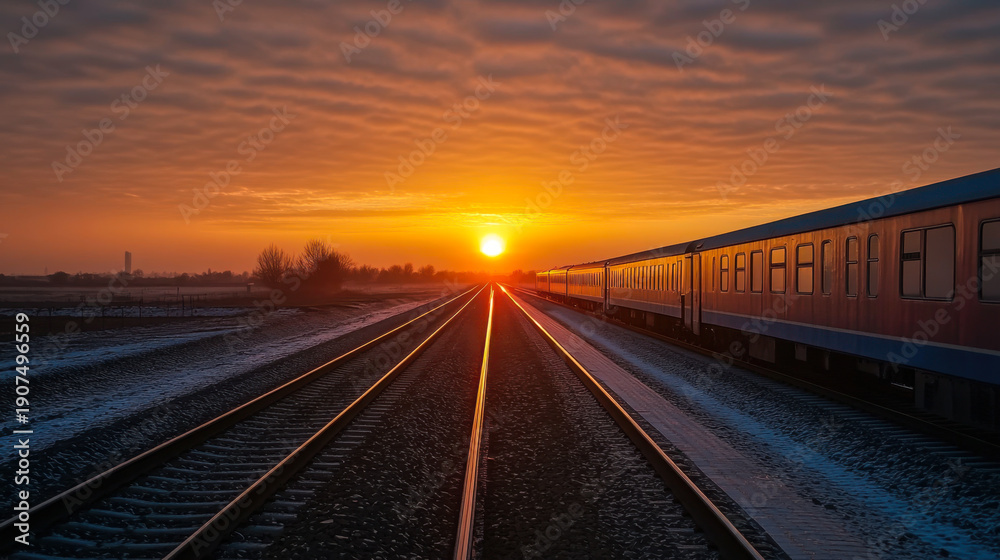 Fototapeta premium sun is setting over the railroad tracks