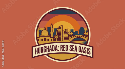 Hurghada Red Sea Oasis Cityscape Skyline Sunset Vintage Retro Style