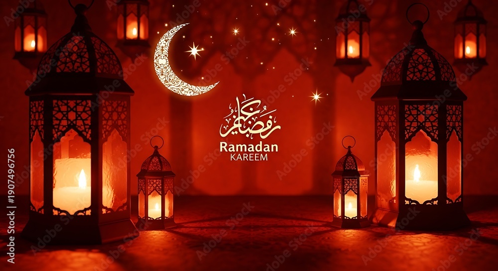 Fototapeta premium Ramadan Kareem greeting with lanterns and crescent moon.