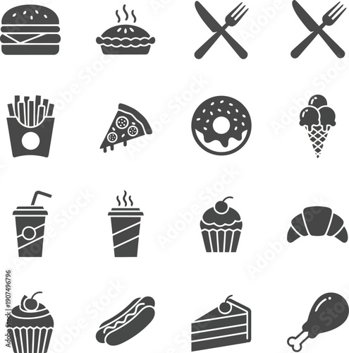 Collection of popular fast food and dessert icons for menu design and food branding vector