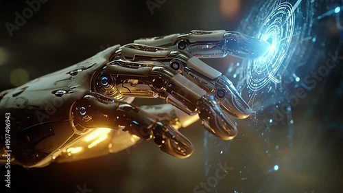 Robotic Hand Touching Glowing Digital Interface Representing Futuristic Artificial Intelligence and Advanced Data Connectivity Technology