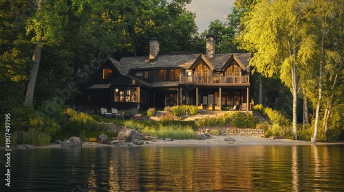 Lakeside cabin at sunset, tranquil wooded setting