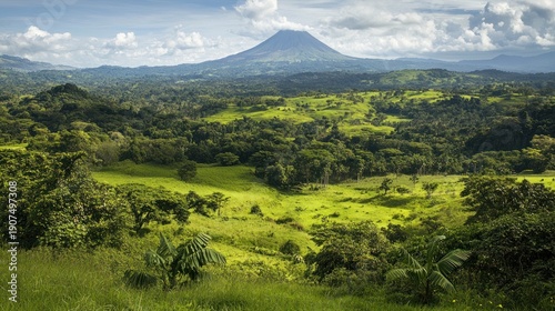 Lush green valley with volcano vista