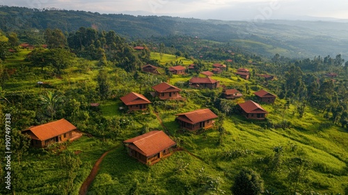 Aerial view of rustic village nestled in green hills