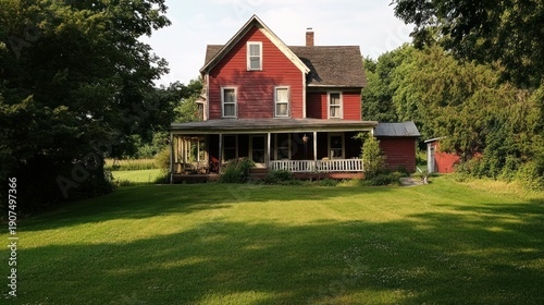 Red Farmhouse with Porch in Rural Setting. Possible use Stock photo for home design, rural life, or historical architecture