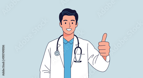 Confident and smiling male doctor in a lab coat with a stethoscope giving a thumbs-up, representing health, success, and professional medical care