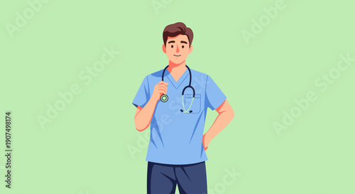 Male doctor in blue uniform with stethoscope around neck, standing confidently against a pale green background