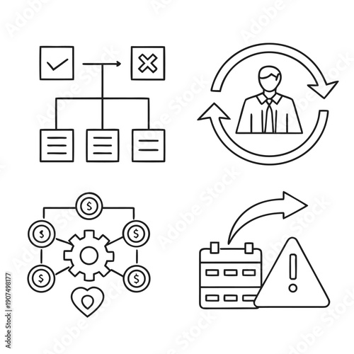 A collection of linear icons depicting process flow decision making networking and system alerts high quality professional detailed modern