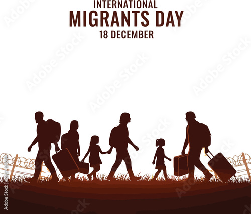 International migrants day silhouette family migration journey towards hopeful sunset vector