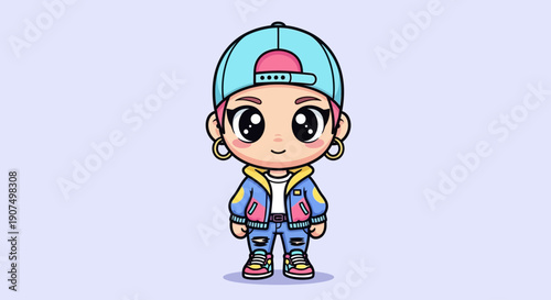 Cute chibi illustration of a cool and trendy cartoon character, a young person with vibrant fashion including a backward cap, colorful jacket, and sneakers