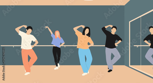 Group of diverse young people practicing dance moves in a studio with mirrors and barre